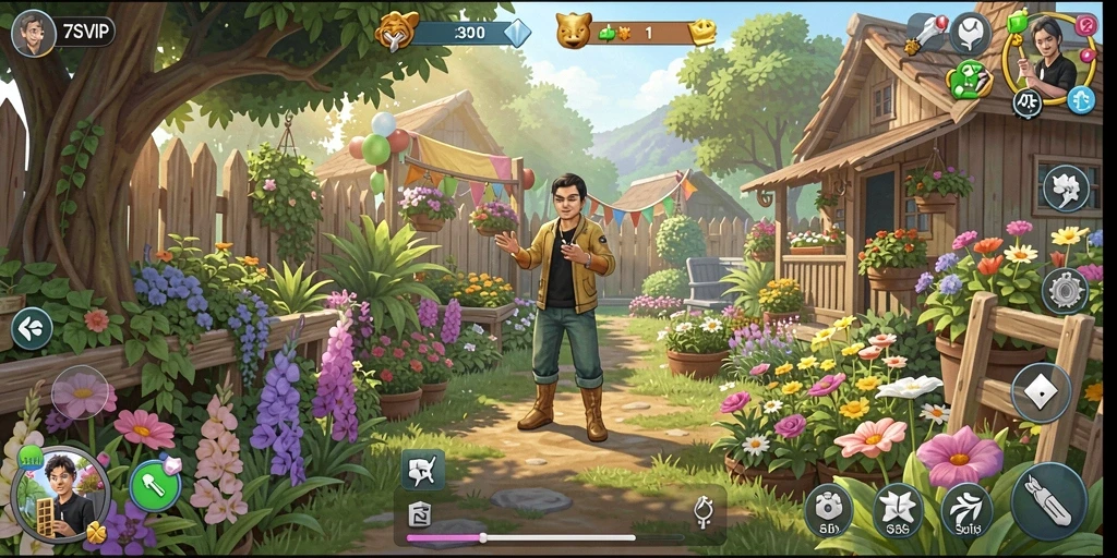 Screenshot gameplay 7SVIP yang menampilkan kebun yang indah.
