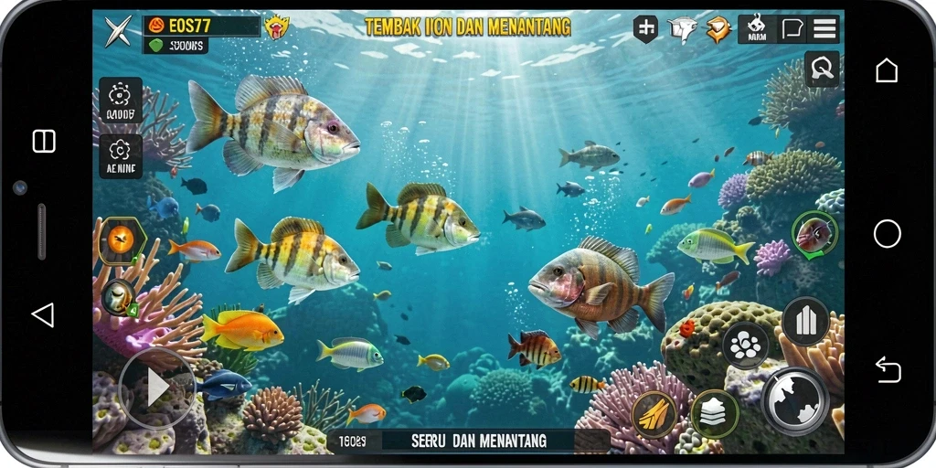 Screenshot gameplay EOS77 menampilkan aksi menembak ikan yang seru.