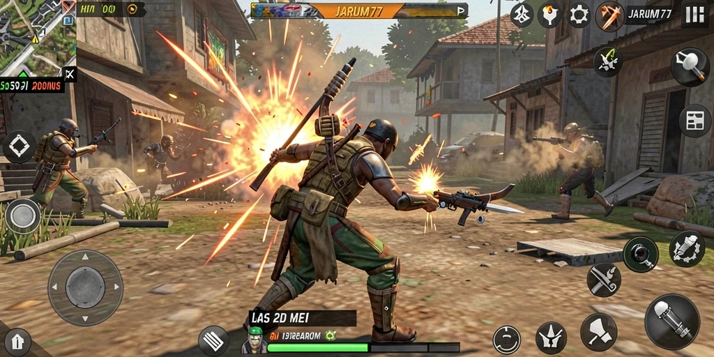 Screenshot menunjukkan pertarungan intens di dalam JARUM77.
