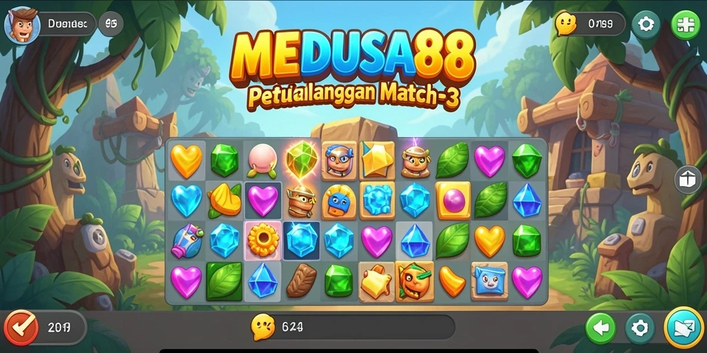 Screenshot gameplay MEDUSA88 menunjukkan serunya permainan Match-3.