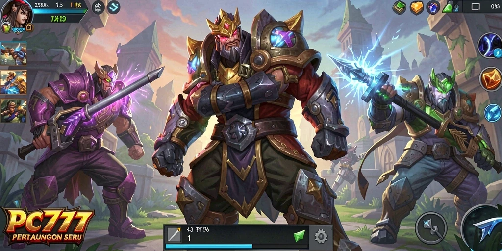 Screenshot utama PC777 menampilkan pertarungan seru di arena MOBA.