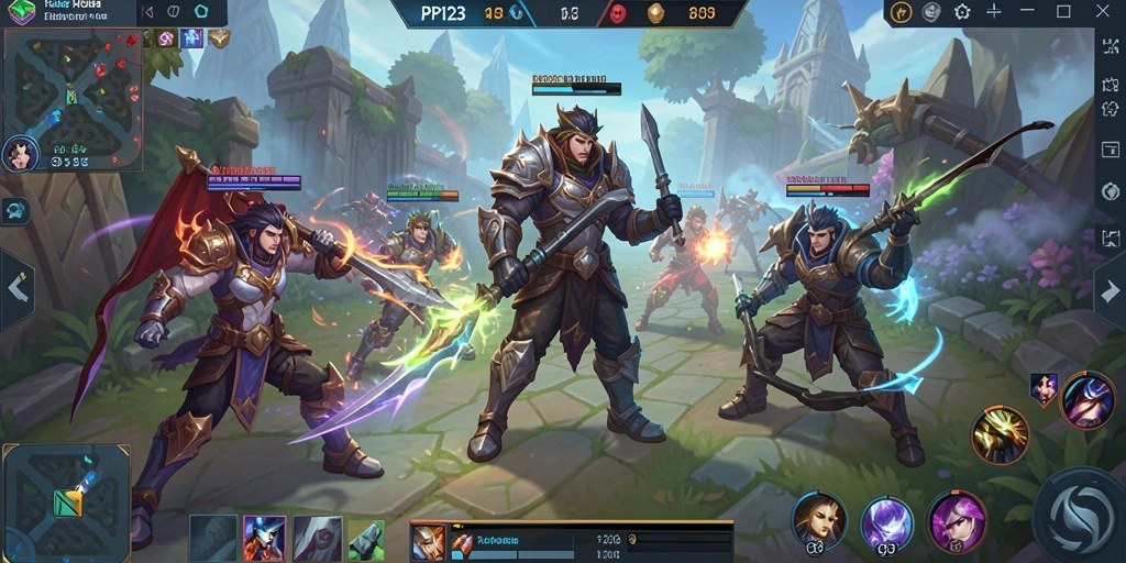 Tampilan gameplay epik dalam PP123 dengan pertarungan MOBA intens.