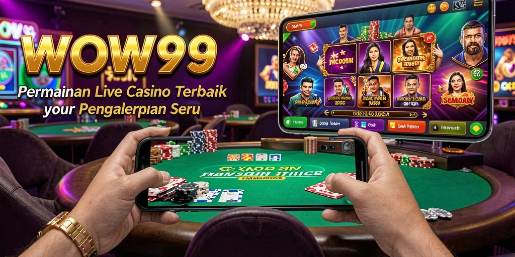 Screenshot WOW99 menampilkan dealer interaktif dan permainan meja Live Casino.